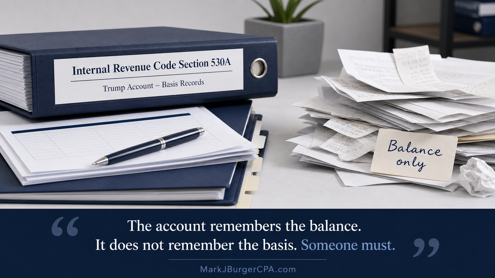 A binder labeled Internal Revenue Code Section 530A Trump Account basis records beside a stack of unsorted receipts marked balance only, with the quote: the account remembers the balance, it does not remember the basis, someone must