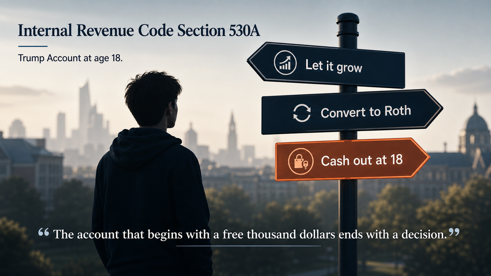 A young adult facing a signpost with three directions, let it grow, convert to Roth, and cash out at 18, illustrating the choices a Trump Account owner faces at age eighteen