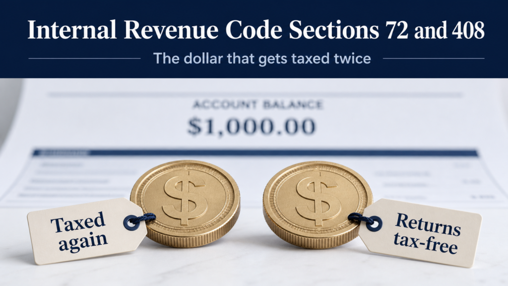 Two dollar coins tagged 'Taxed again' and 'Returns tax-free' beside a Trump Account statement showing a $1,000 balance, illustrating how IRC Sections 72 and 408 tax contribution sources differently