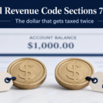 Two dollar coins tagged 'Taxed again' and 'Returns tax-free' beside a Trump Account statement showing a $1,000 balance, illustrating how IRC Sections 72 and 408 tax contribution sources differently