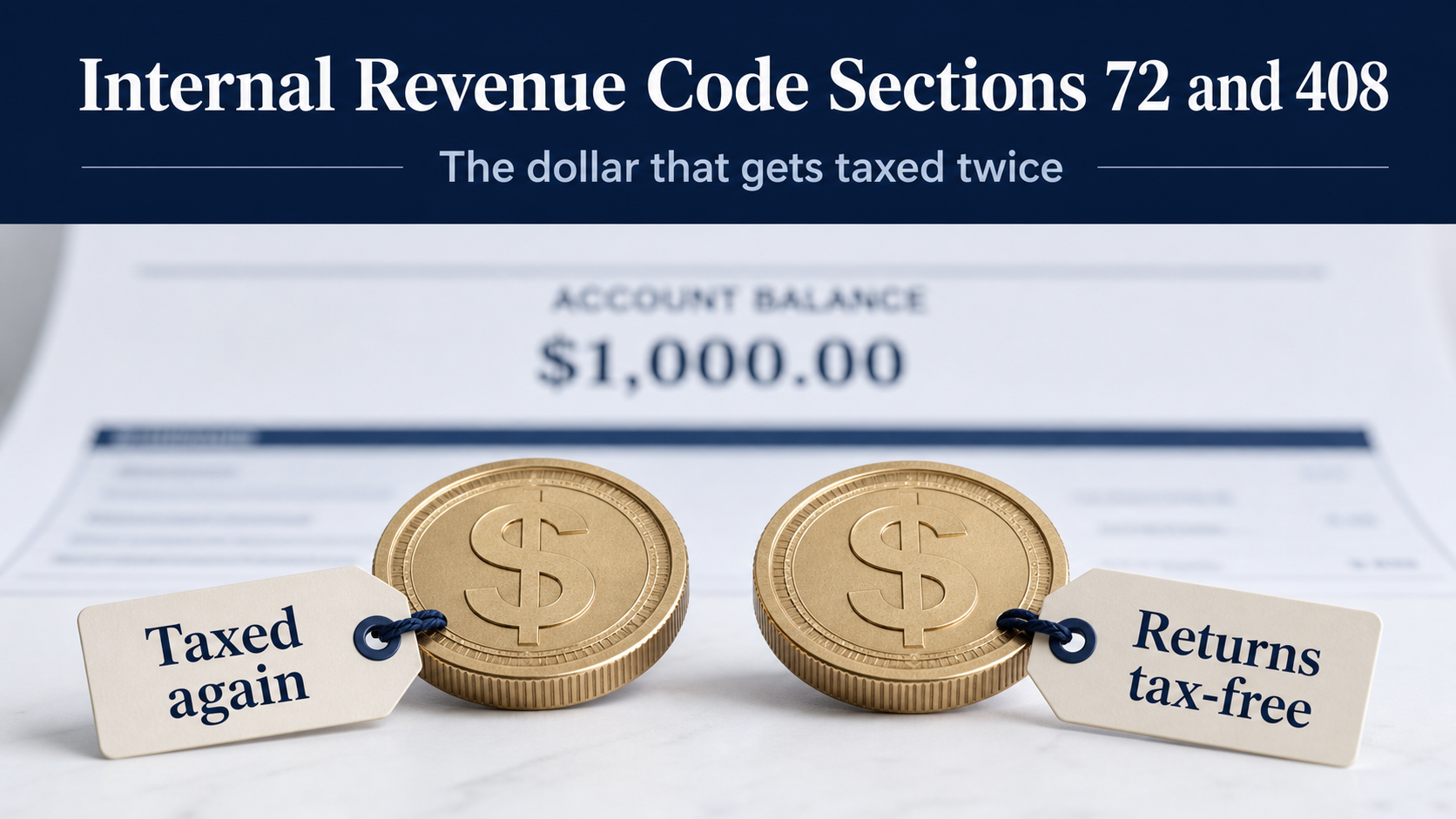 Two dollar coins tagged 'Taxed again' and 'Returns tax-free' beside a Trump Account statement showing a $1,000 balance, illustrating how IRC Sections 72 and 408 tax contribution sources differently